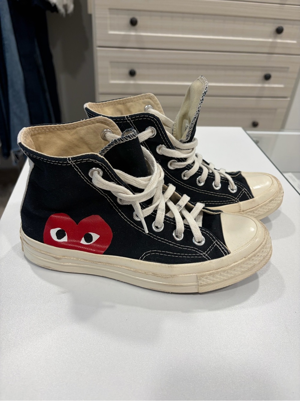 Converse Chuck Taylor High-Top Canvas Sneakers in Black and Cream with Red Logo